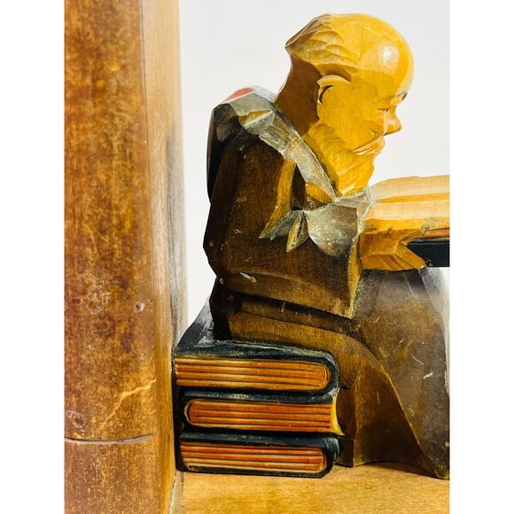 Vintage Wood Carved Monks Scholar Reading Books Sitting on Books Bookends - Picture 3 of 11